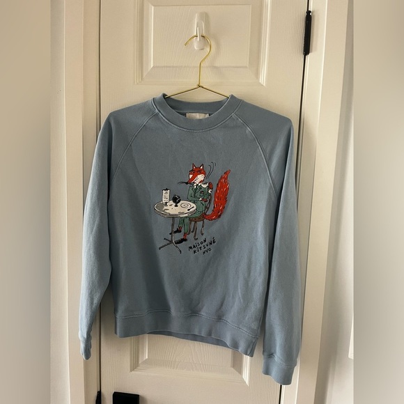 Maison Kitsuné “Fox at Café” Graphic Sweatshirt Small Light Blue 100% Cotton - Picture 6 of 7
